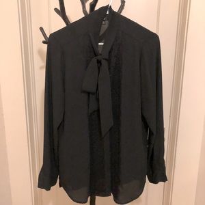 Black Secretary Blouse / Pussy Bow Blouse with Lace Detail and Hidden Buttons